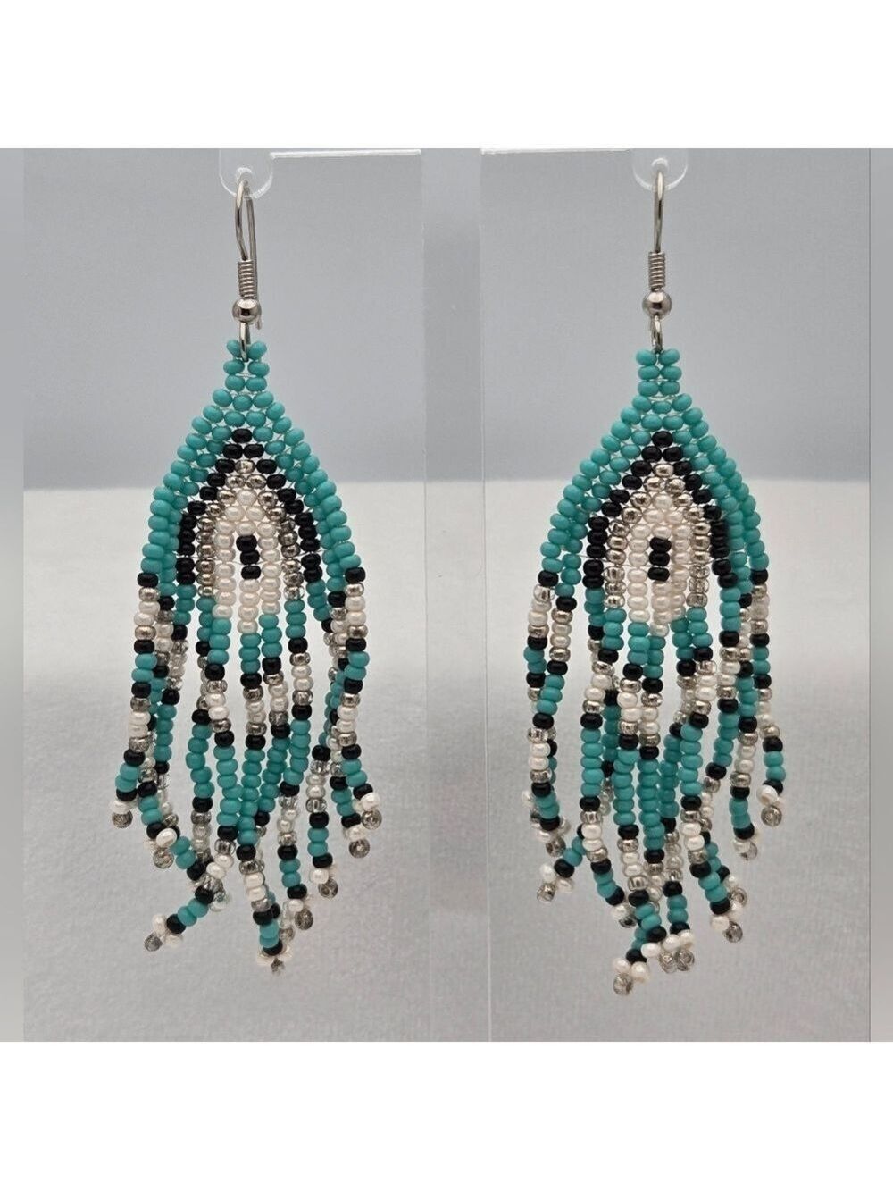 Handmade Multicolor Beaded Fringe Teal, White Silver & Black Earrings